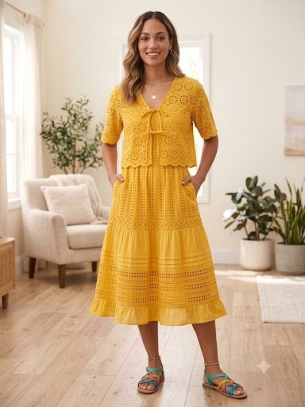 Joie Yellow Eyelet Tiered Midi Skirt